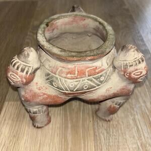 VTG 90's Terracotta Clay Mayan Aztec Planter Mexican Folk Art Figurine 5.5” Tall